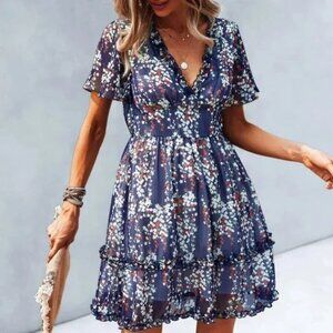 Boho Floral Print Frill Trim Dress blue Cottagecore